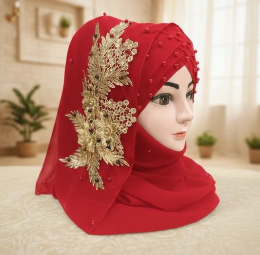 Premium Fancy Party Wear Hijab with Golden Embroidery and Pearl Work - Ready to Wear Stylish Abaya Scarf for Women