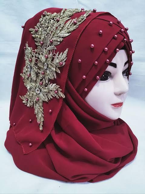 Premium Fancy Party Wear Hijab with Golden Embroidery and Pearl Work - Ready to Wear Stylish Abaya Scarf for Women