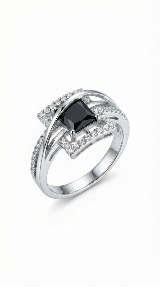 Luxury Silver Color Ring with Black Stone & Zircon Crystals – Elegant Party & Wedding Ring for Men/Women