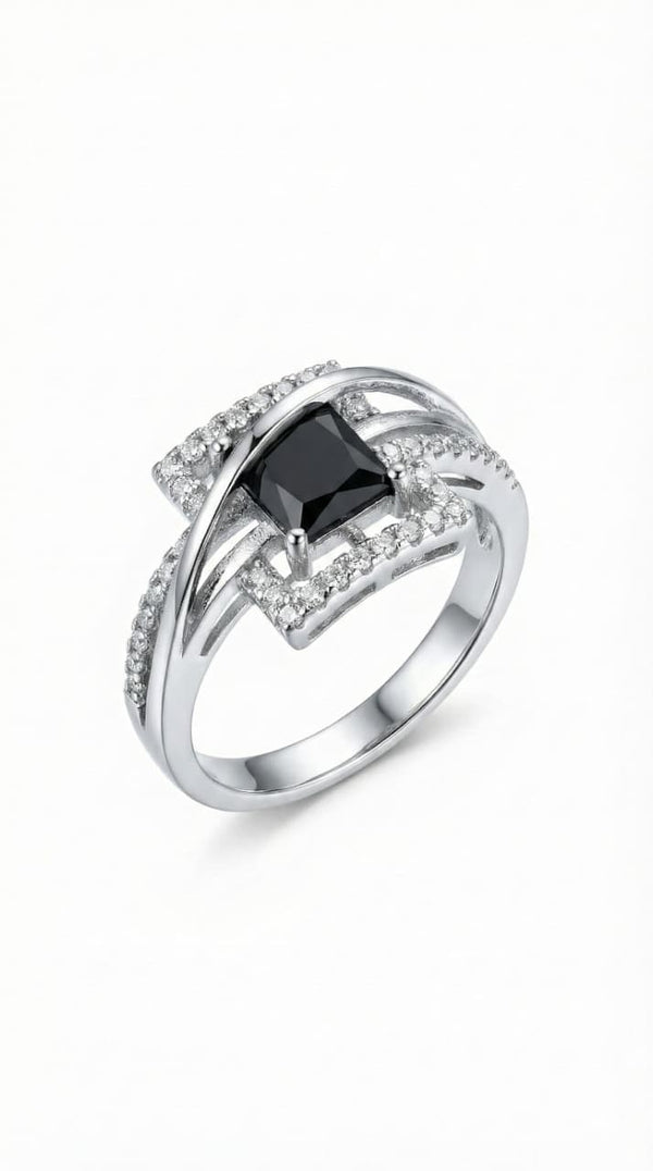 Luxury Silver Color Ring with Black Stone & Zircon Crystals – Elegant Party & Wedding Ring for Men/Women