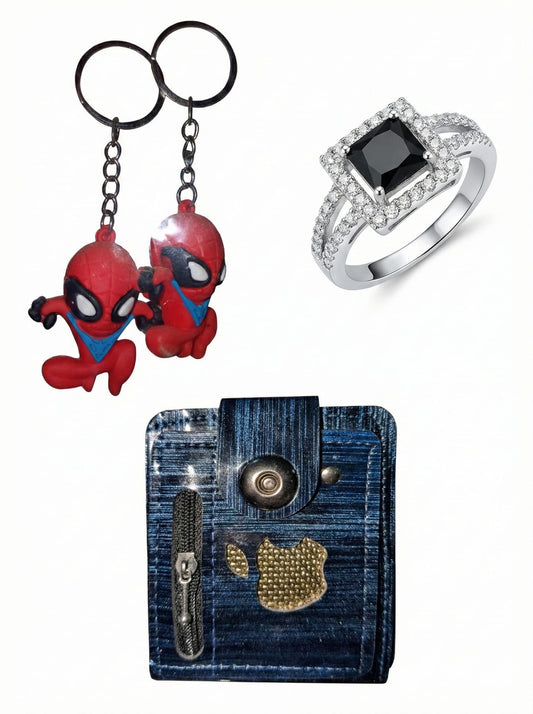 3 in 1 Gift Combo Pack | Spider-Man Keychain Pair + Black Stone Ring + Mini Wallet