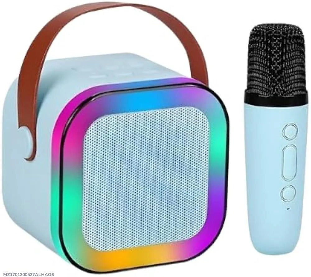 K12 Wireless Mic With Speaker - Single / Double RGB 7 Colour Dancing Light Karaoke Mic With Portable Bluetooth Microphone For Recording With Speaker For Music - 3 in 1 USB / AUX / SD Card Slot Karaoke Handheld Microphone - Black, Blue & Pink Colours
